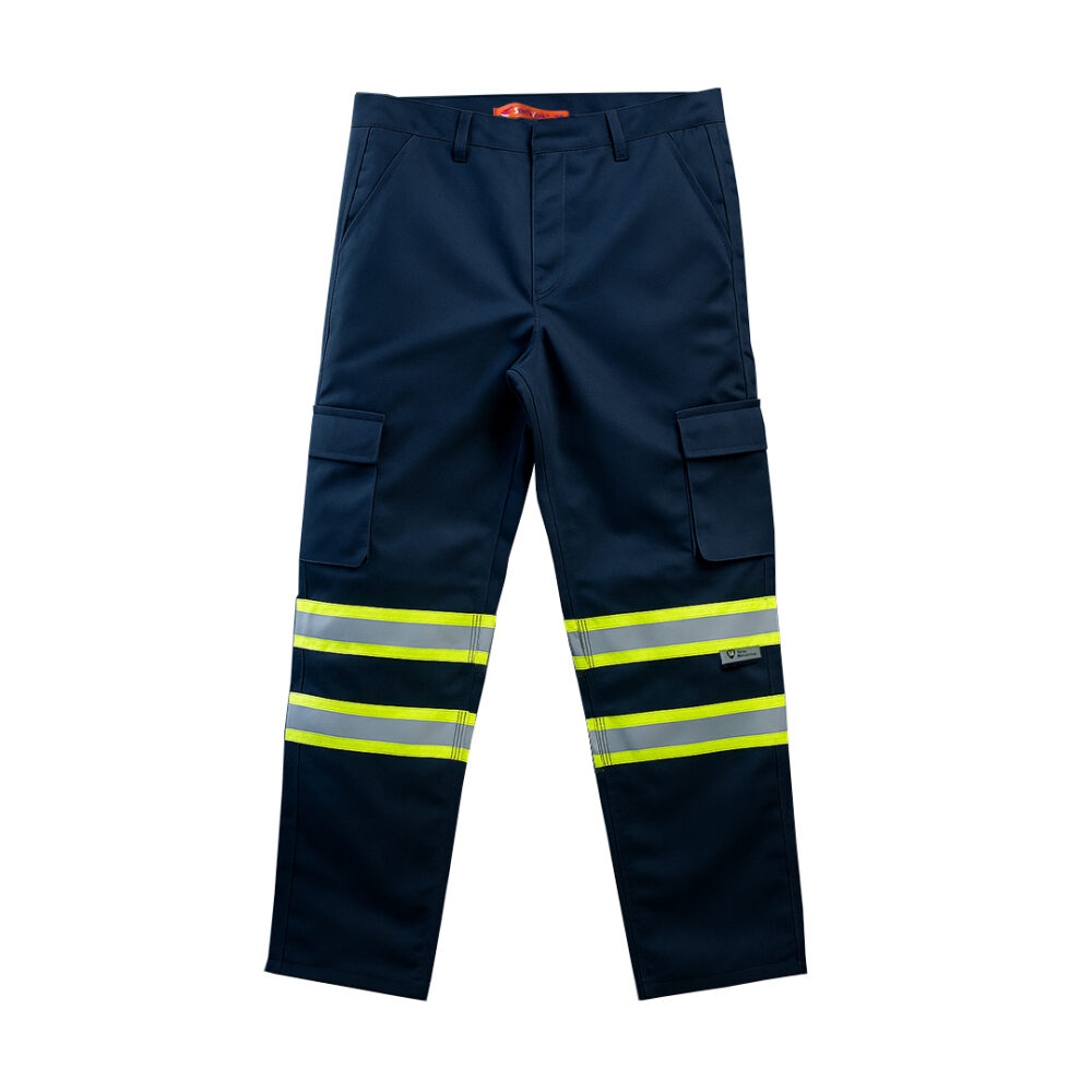 Pantalón Cargo Modelo Ares Azul Marino Drill 100% Poliéster Tecnología Fortec con Cinta Reflectiva Mixta TR300 2" 2 Vueltas